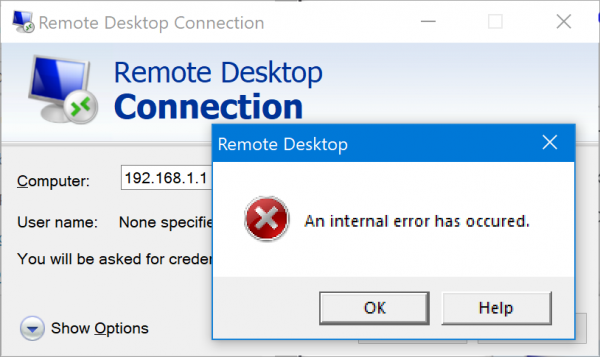 Error de RDP: se ha producido un error interno