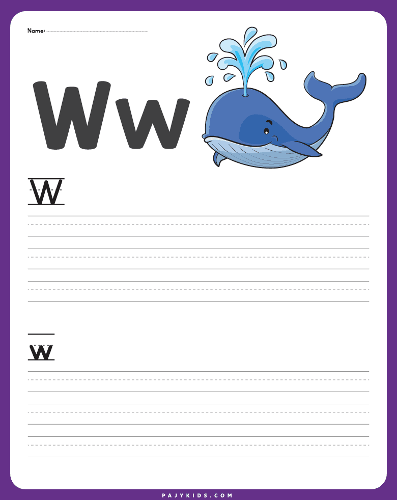 كتابة حرف w للاطفال بأشكالة الصغيرة والكبيرة وإكتساب مهارة التمكن من الكتابة بشكل صحيح.