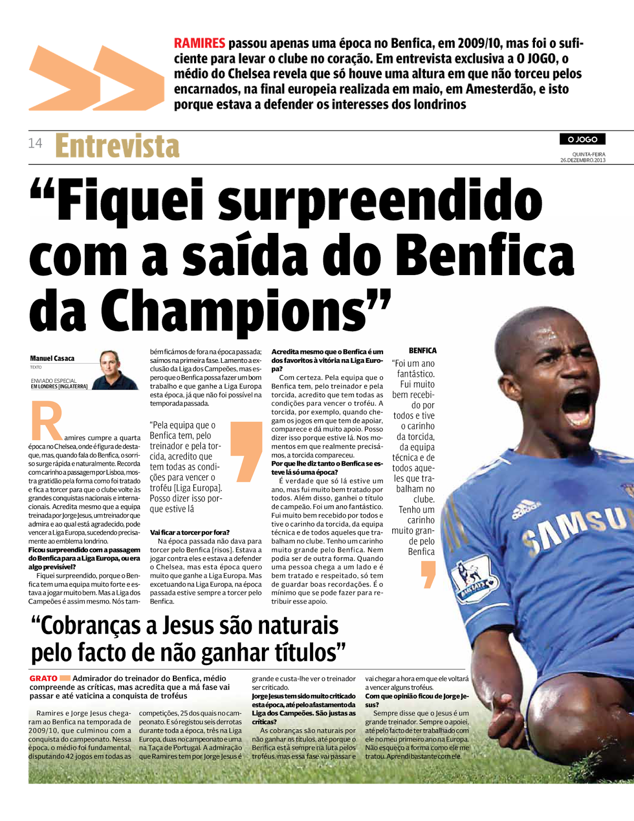 Ramires - entrevista - Fiquei surpreendido pelo Benfica sair da Champions