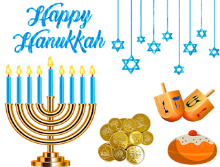 Happy Hanukkah light blue stars, menorah candles, wooden dreidels, gold coins embossed with menorah, cherry topped iced bun
