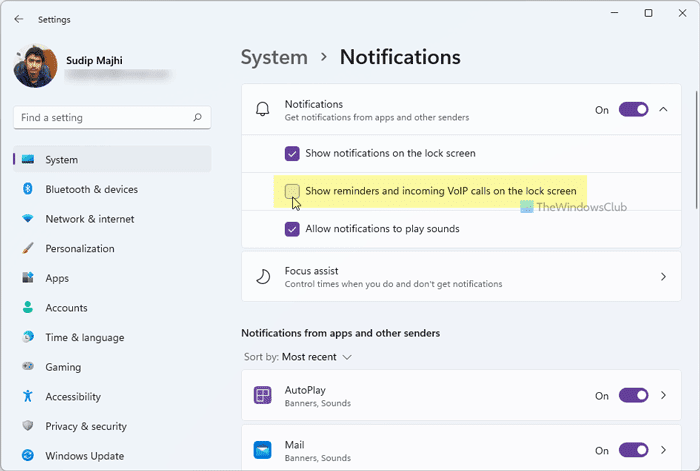 Cómo ocultar recordatorios y notificaciones de llamadas VoIP en la pantalla de bloqueo en Windows 11/10