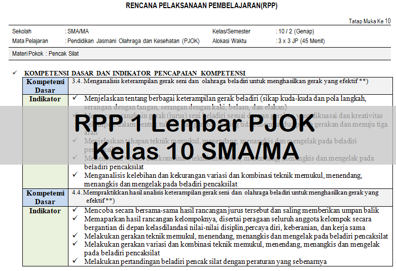 Rpp 1 Lembar Pjok Kelas 10 Sma Ma Antapedia Com