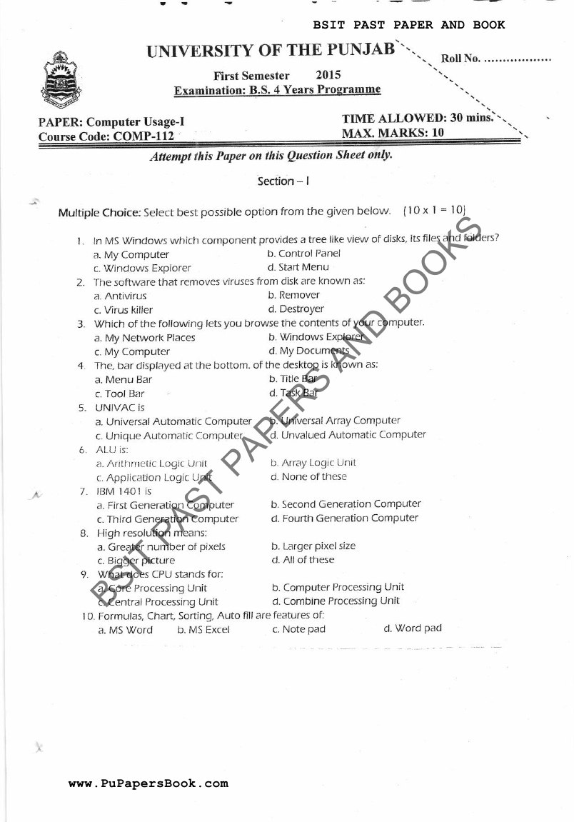 Computer Usage 1 Past Papers BS Computer 2015 Bsit Past papers and Books