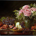 classical still life oil painting custom pomegranates peonies figs
bleu cheese peaches grapes rustic wood cutting board knife