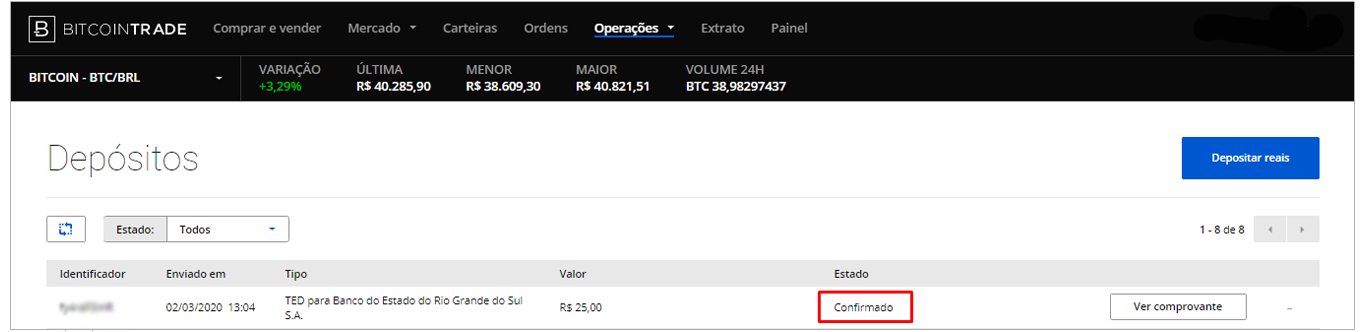 Status Como Confirmado Após o Recebimento Pela Equipe da BitcoinTrade Status Como Confirmado Após o Recebimento Pela Equipe da BitcoinTrade