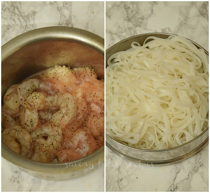 ingredients to make real pad thai- a bowl with shrimp and chicken,another bowl with rice noodles