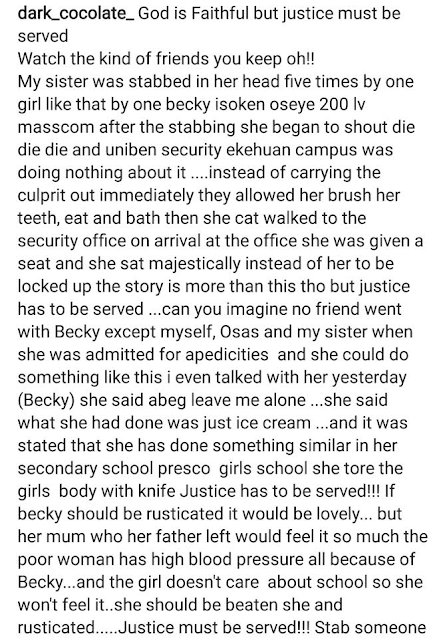 Graphic photos: 200level student of UNIBEN severely stabs her friend '5' times in the head over an argument