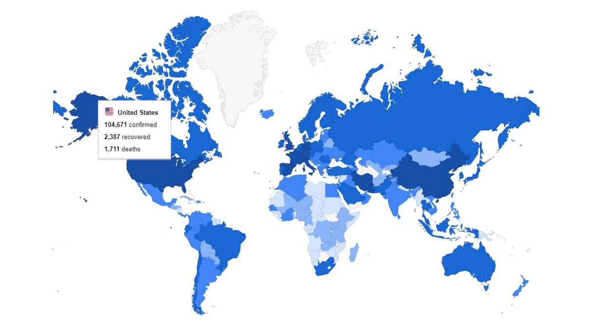 Google COVID-19 Map, Countries with Coronavirus Cases