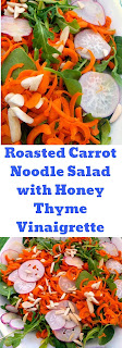 Roasted Carrot Noodle Salad with Honey Thyme Vinaigrette:  Wonderfully sweet and tender roasted carrots sit atop a bed of arugula, mixed with thin sliced Easter egg radishes, and doused with a honey thyme vinaigrette.. Slice of Southern
