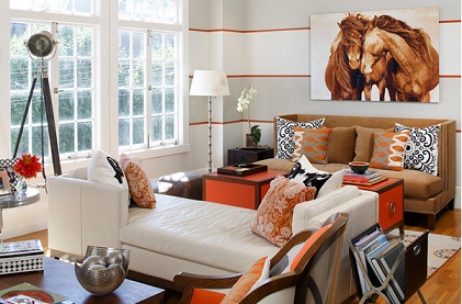Salas en naranja y marrón claro - Decoración de salas con estilo