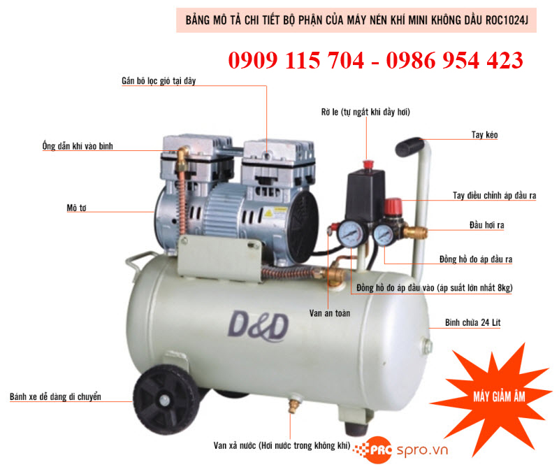 Phụ tùng, dịch vụ: Máy bơm hơi mini giảm âm không dầu 1HP bình chứa 24L YTJC YT-550/24L May-nen-khi-mini-khong-dau-roc-1024j
