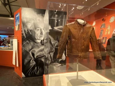 image of Einstein in his leather Levi's jacket in Levi Strauss: A History of American Style show at The Contemporary Jewish Museum in San Francisco, California