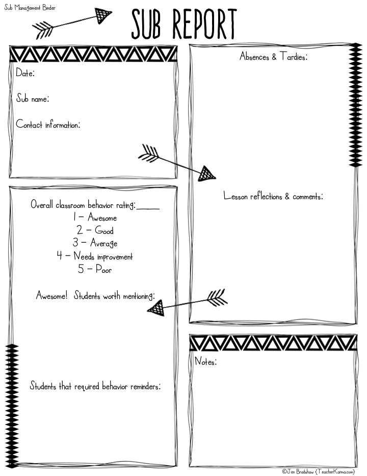 FREE Sub Report to help you and your substitute stay organized when you are out of the classroom.  TeacherKarma.com