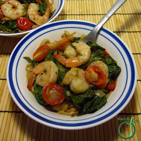 Morsels of Life - Garlic Shrimp Pasta with Tomatoes and Greens - Tomatoes and greens flavored up with garlic and onion, then cooked with shrimp for a quick, easy, and tasty garlic shrimp pasta.