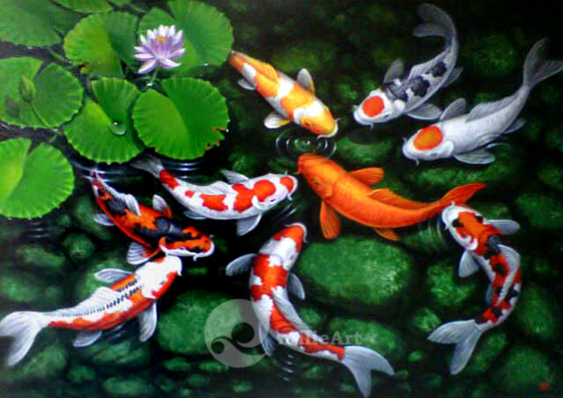 Jual Lukisan Koi 9 Kolam Bunga Teratai 100x70cm MK 090 