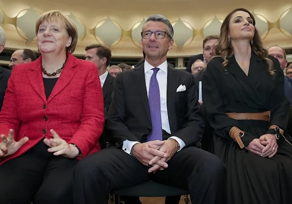 Queen Rania, German Chancellor Angela Merkel and President of the Federation of German Industry Ulrich Grillo, Queen Rania wore dress, style