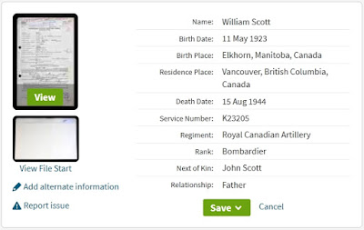 Partial screen capture of the abstracted record for William Scott, service number K23205, in the Ancestry "Canada, WWII Service Files of War Dead, 1939-1947" collection.