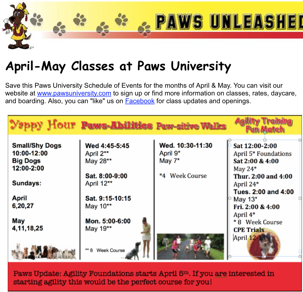 Paws Blog Paws AprilMay Class Schedule