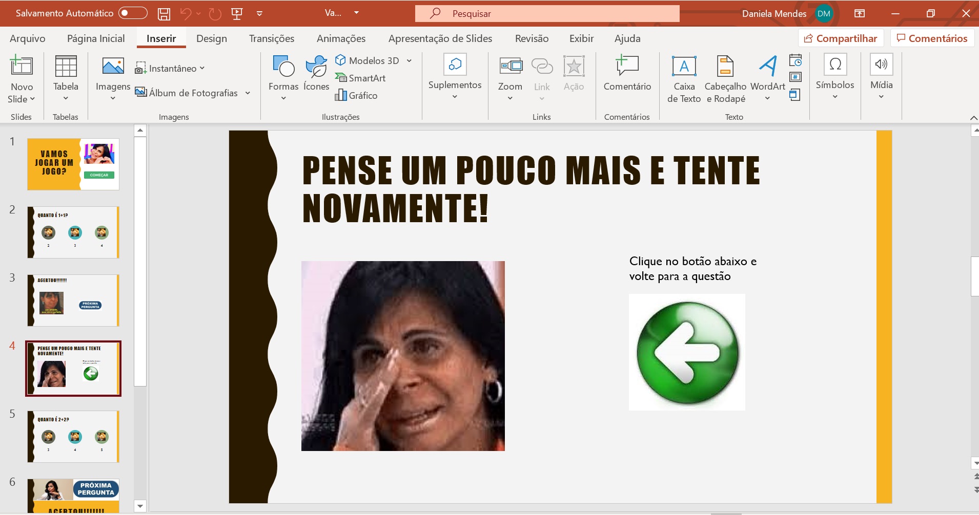 Jogo de perguntas e respostas feito no PowerPoint