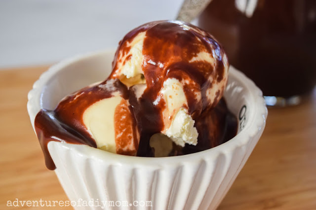 hot fudge sauce on vanilla ice cream