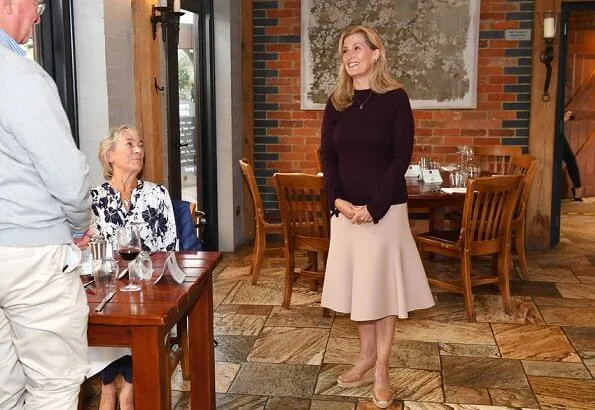 Sophie, Countess of Wessex wore Aross Girl silk satin midi skirt, Castaner Carina canvas wedge espadrilles, Patrick Mavros earrings