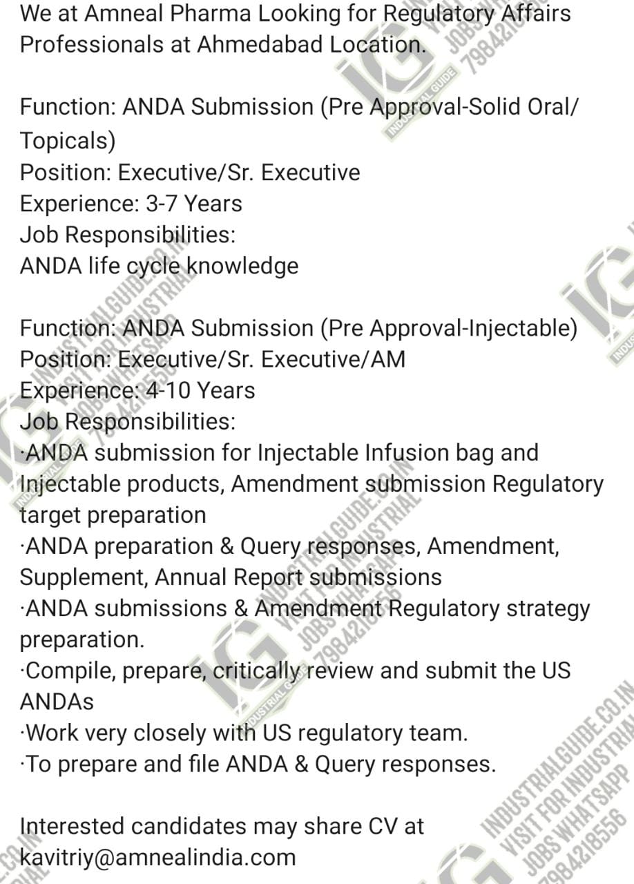 Amneal Pharmaceutical job for Regulatory Affairs apply now