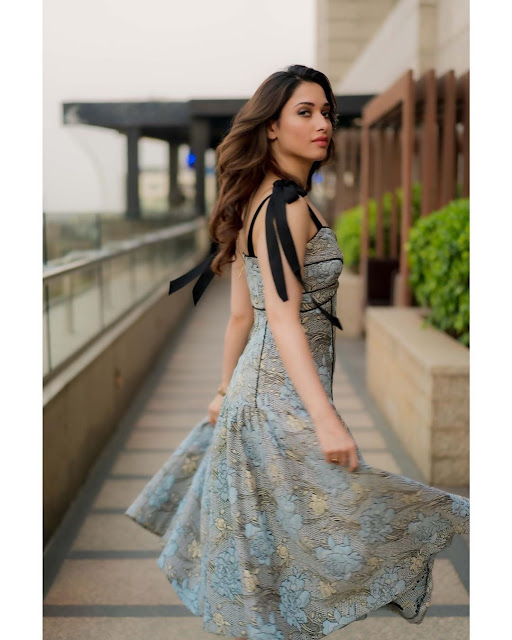 Tamannaah Hot in blue sleeveless floral dress