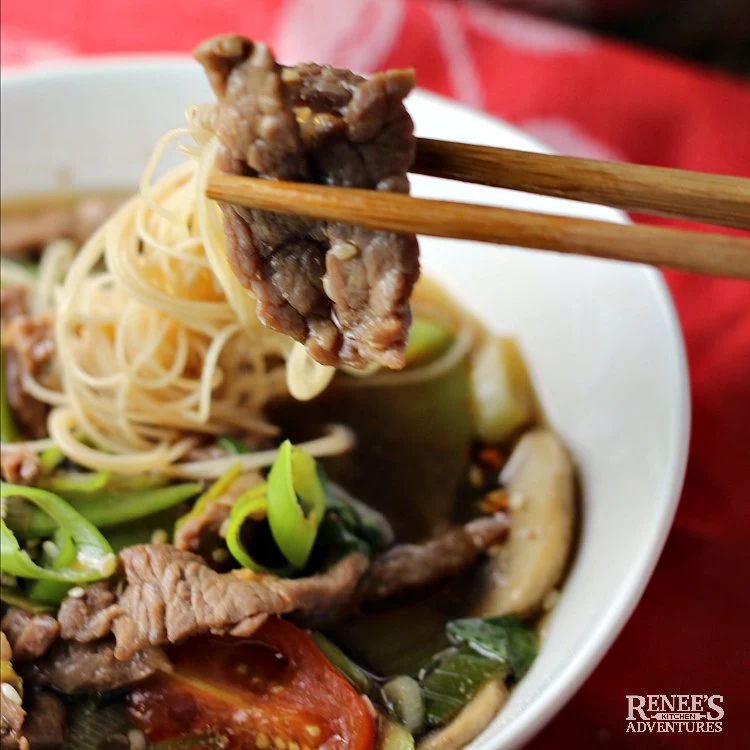 Close up of piece of beef and noodles on chopsticks over a bowl of Spicy Chinese Beef Noodle Soup by Renee's Kitchen Adventures