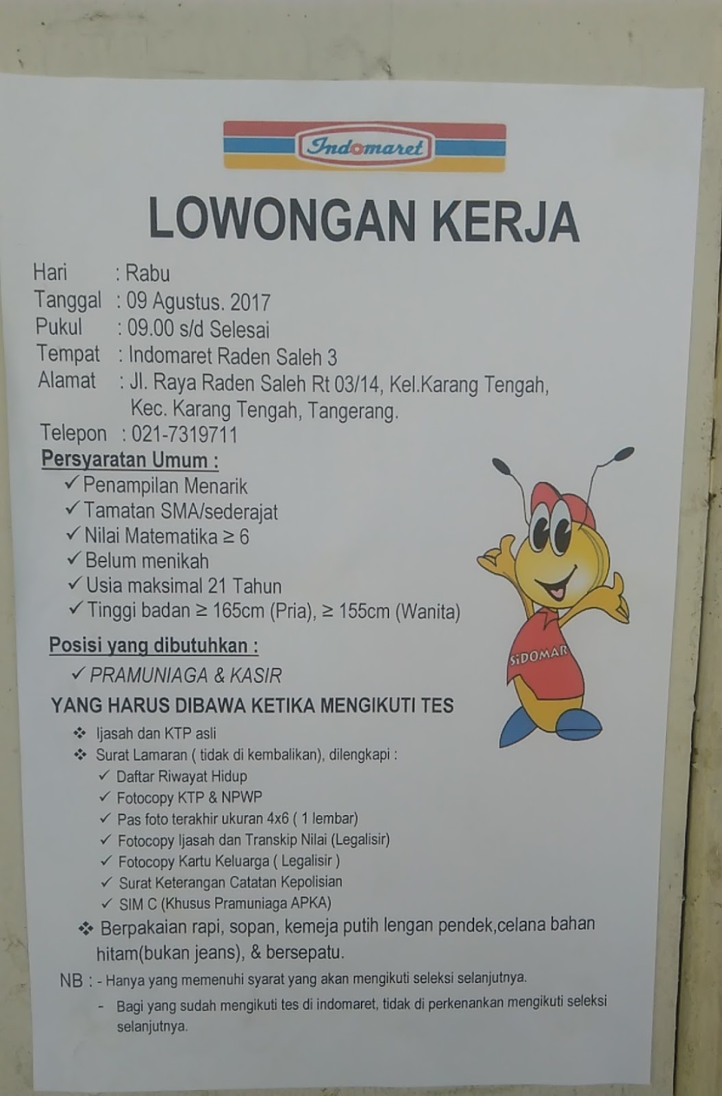 Datang Lansung Interview Lowongan Kerja Indomaret Tanggal 9 Agustus 2017