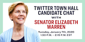 Twitter Town Hall Candidate Chat with Senator Elizabeth Warren - Tuesday, January 7, 2020 - 1:30 PM - 2:15 PM EST - Photo on the right of Senator Elizabeth Warren