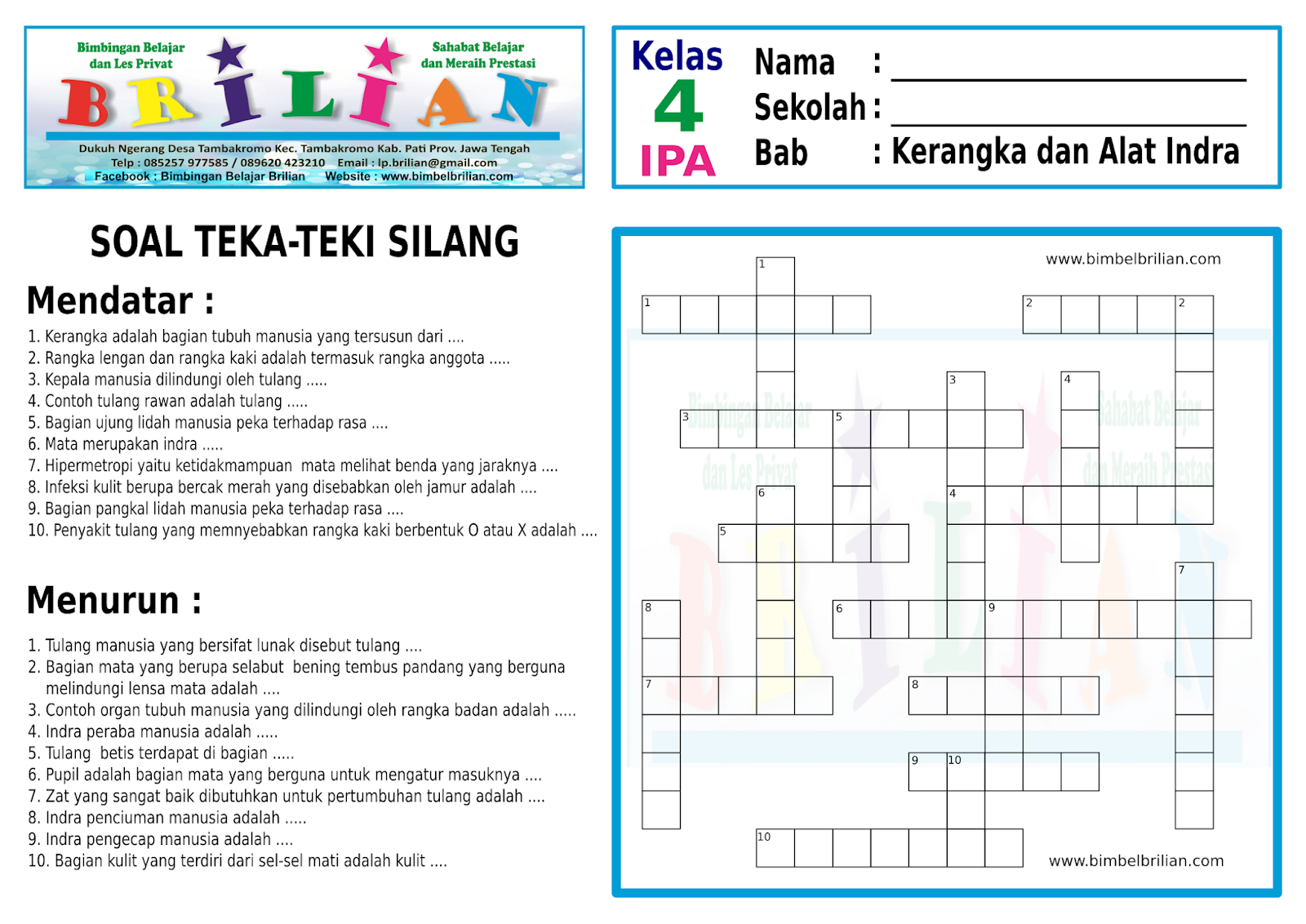 Soal Teka Teki Silang TTS  IPA Kelas 4 SD Bab 1 