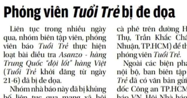 Phóng viên Tuổi Trẻ bị đe dọa vì điều tra công ty Asanzo