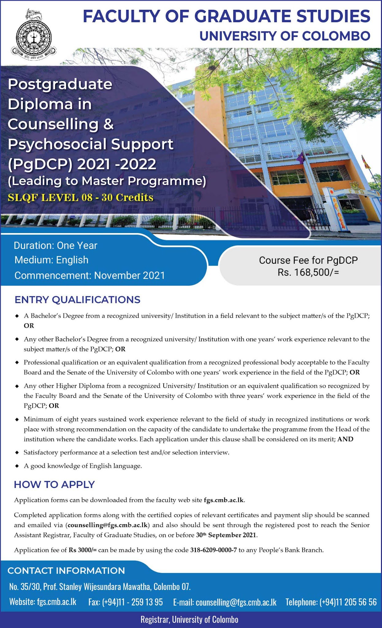 Postgraduate Diploma in Counselling and Psychosocial Support (PgDCP) 2021 - University of Colombo