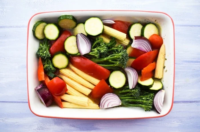 vegetables in a roasting tin