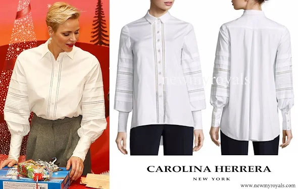 Princess Charlene wore Carolina Herrera Pleated Button-Front Blouse