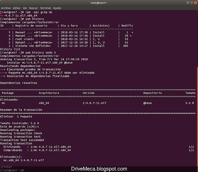 yum history permite deshacer instalaciones de paquetes