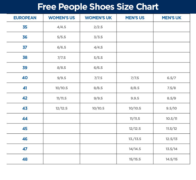 Free People Shoe Size Chart