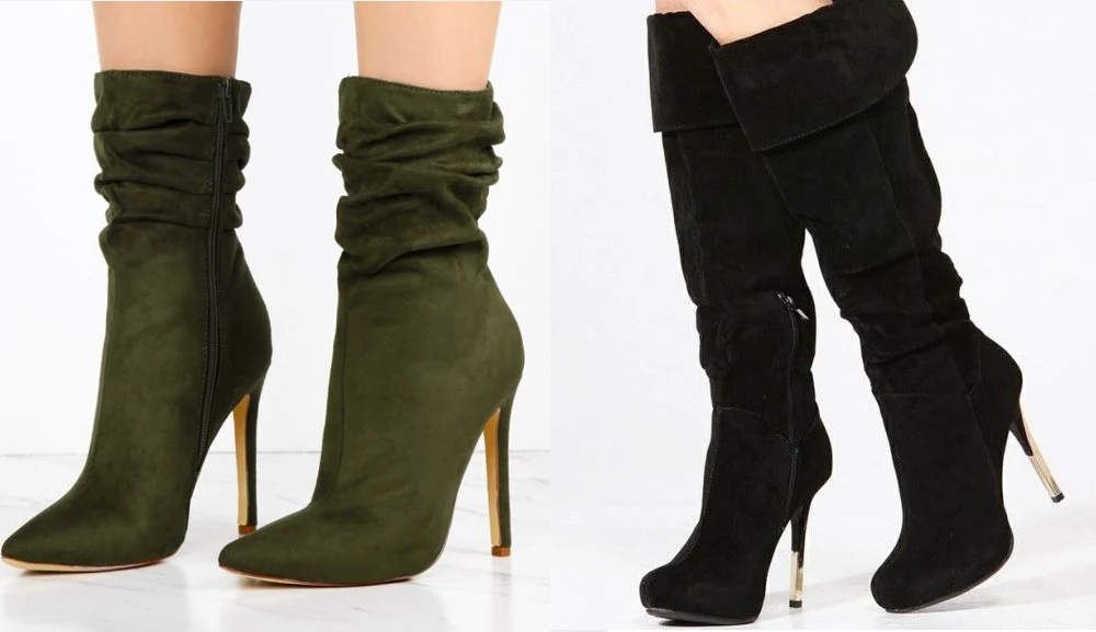 fashion collage with three slouch boots with high heels