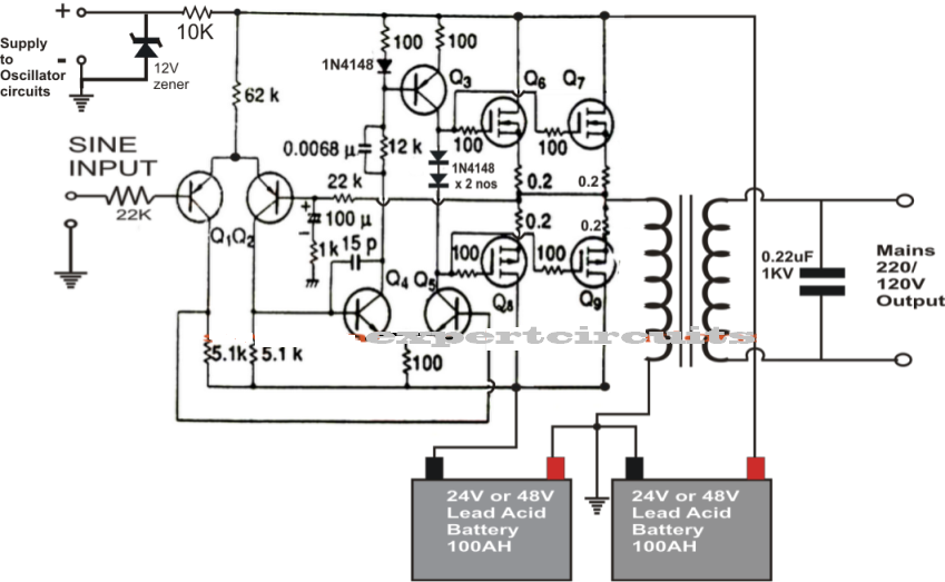 1KVA (1000 watts) Pure Sine Wave Inverter Circuit using 555 ic | Expert