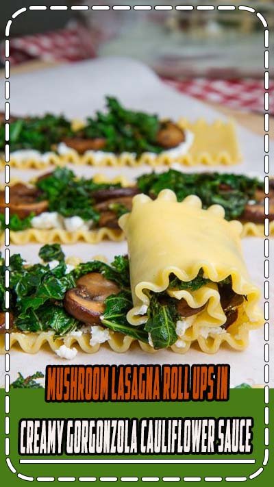 Mushrooms, kale and cheese all rolled up in lasagna noodles, smothered in a creamy gorgonzola cauliflower sauce and cheese and baked until all melty, golden brown and good.