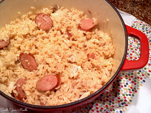 Chicken Pilau (Perlo) - A classic Southern recipe with chicken, smoked sausage and rice (often called and similar to Chicken Bog).