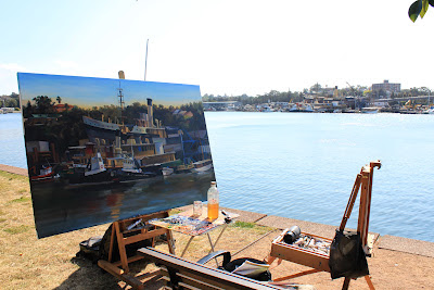 plein air painting of the Sydney Heritage Fleet from Blackwattle Bay painted by industrial heritage artist Jane Bennett