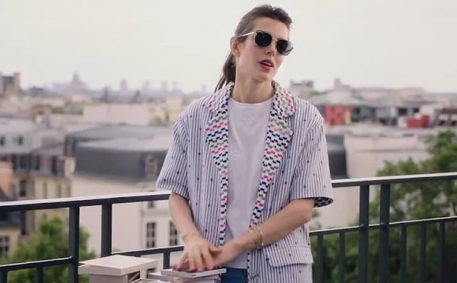 Charlotte Casiraghi wore a cotton multicolour jacket from Chanel Spring-Summer 2021 collection. Summer Readings