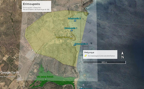 Χάρτης της περιοχής της αρχαίας Ιτάνου (Ερημούπολης), όπου παρουσιάζονται οι τρεις δημοφιλής σήμερα ακτές σε σχέση με το φυσικό και ανθρωπογενές περιβάλλον. Υπέρθεση τοπογραφικού κήρυξης σε χαρτογραφικό υπόβαθρο Google Earth, επεξεργασία @cretanlandscape
