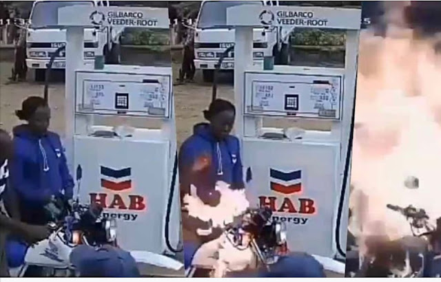 Watch the moment fuel pump catches fire as bike man refused to turn off engine(Video)