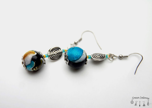 Boucles oreilles pâte polymère encre alcool pinata bleu jaune vert noir Stenna Création