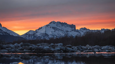 Wallpaper mountain, lake, snow, sunset