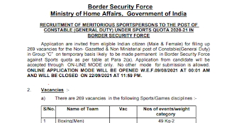 BSF Constable GD Sports Recruitment 2021 Notification Online Application Form