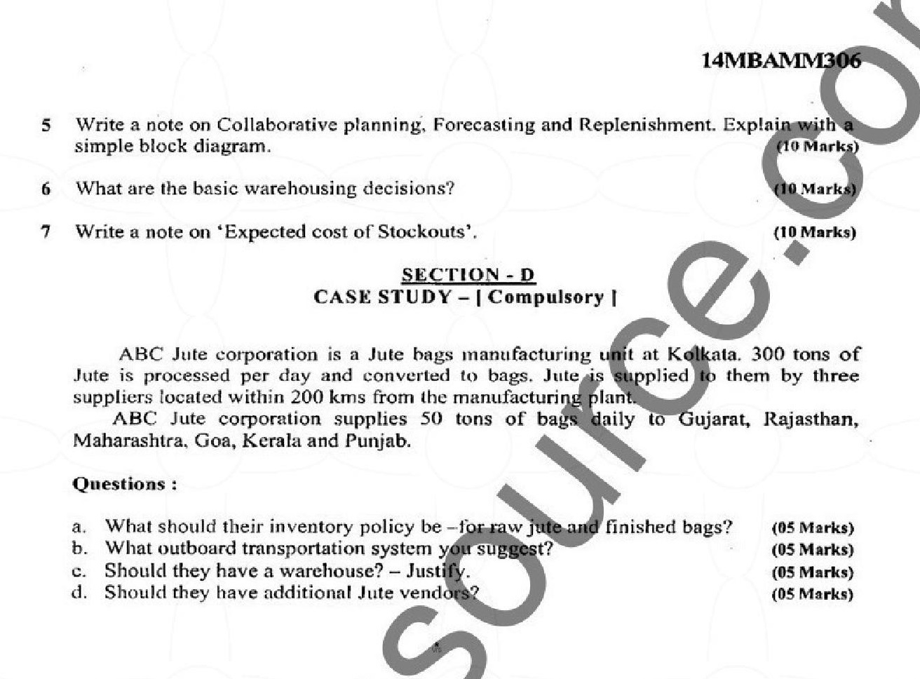 VTU MBA Third Semester Question Paper Supply Chain Management