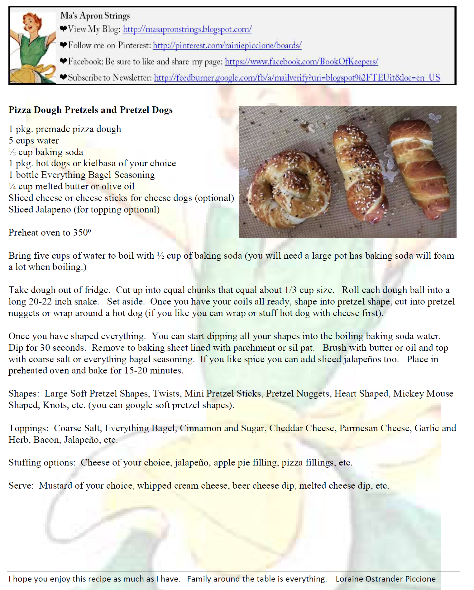 Ma's Apron Strings Pizza Dough Pretzels and Pretzel Dogs